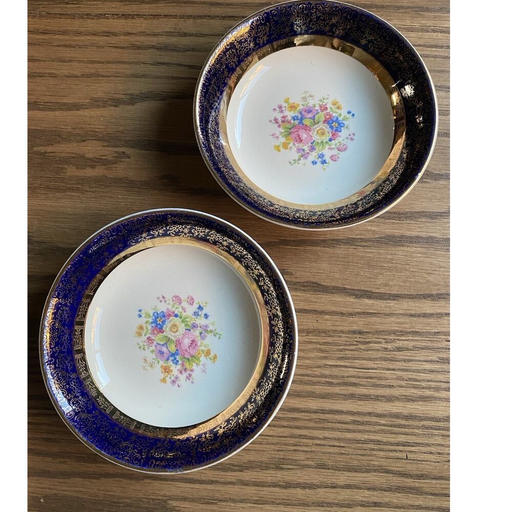 Vintage Century Salem 23 Karat Gold Encrusted Aristocrat Cobalt Berry Bowls TWO